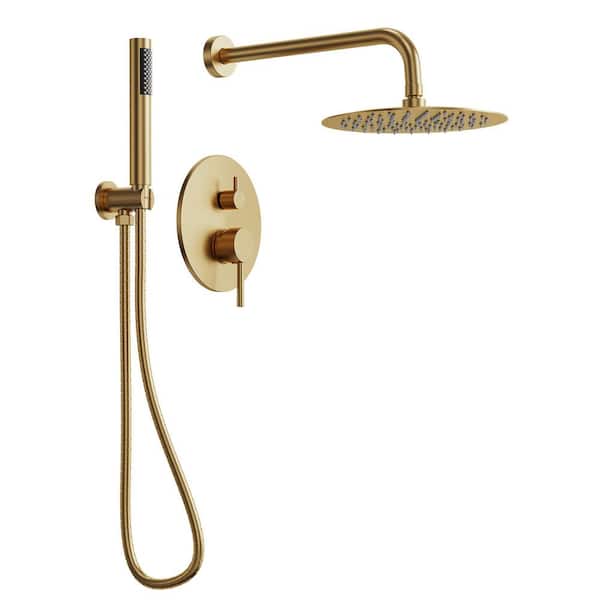Pressure Balance 2-Spray Wall Mount 10 in. Fixed and Handheld Shower Head 2.5 GPM in Brushed Gold