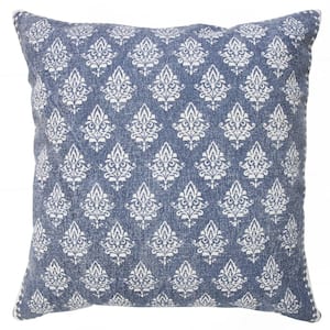 Traditional Vintage Indigo Blue / White 20 in. x 20 in. Fairytale Motif Bordered Indoor Throw Pillow