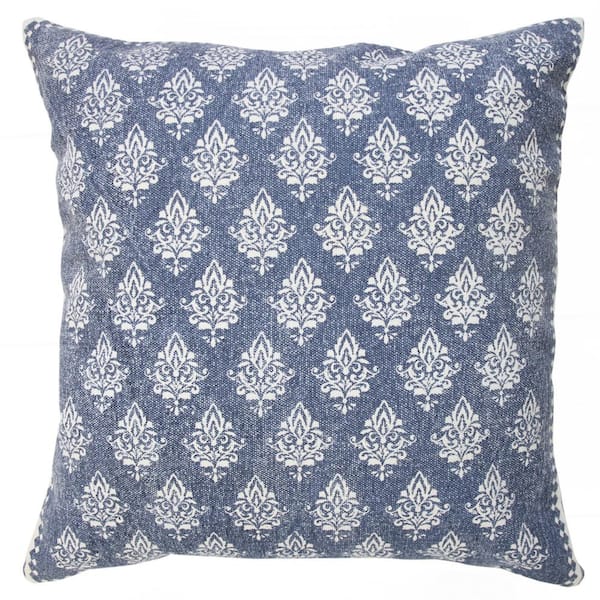 Traditional Vintage Indigo Blue / White 20 in. x 20 in. Fairytale Motif Bordered Indoor Throw Pillow