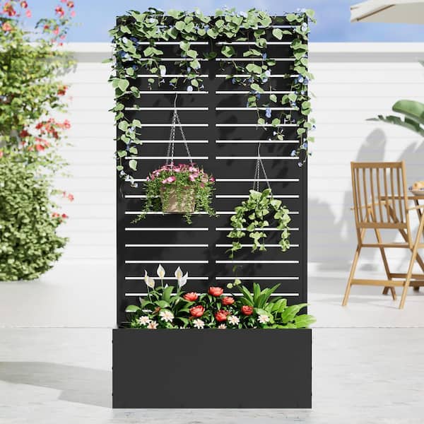 59 in. x 11 in. x 30 in. Black Metal Iron Raised Beds Planter Box with Attached Trellis for Climbing Vegetation