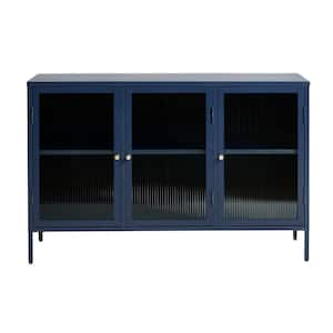 Breton Steel Blue Sideboard with 3 Fluted Glass Doors
