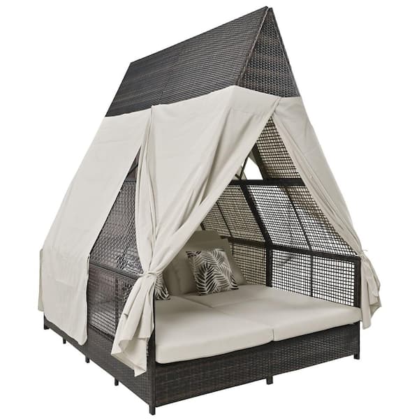 Zeus & Ruta Wicker Outdoor Double Lounger Day Bed with Beige Cushions Adjustable Backrest Curtains 4 Pillows for Garden Balcony