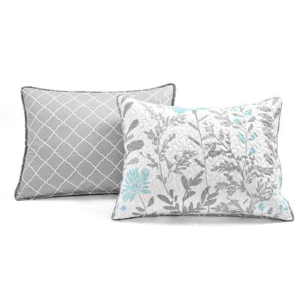  Lush Decor Aprile Soft Reversible Quilt Set- 3 Piece Quilted  Bedding Set with Charming Floral Leaf Design - Comfortable, Lightweight,  Beautiful Spring Garden Print - Full/ Queen, Blue & Gray 