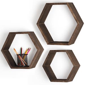 15 in. Wooden Hexagon Rustic Floating Honeycomb Shelves in Deep Natural Wood (Set of 3)