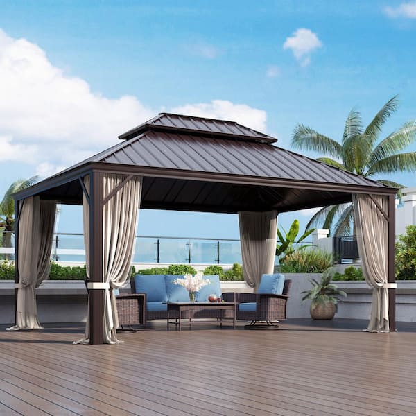 PHI VILLA 12 ft. x 16 ft. Gakvanized Steel Hardtop Gazebo With Mosquito Net and Privacy Curtain