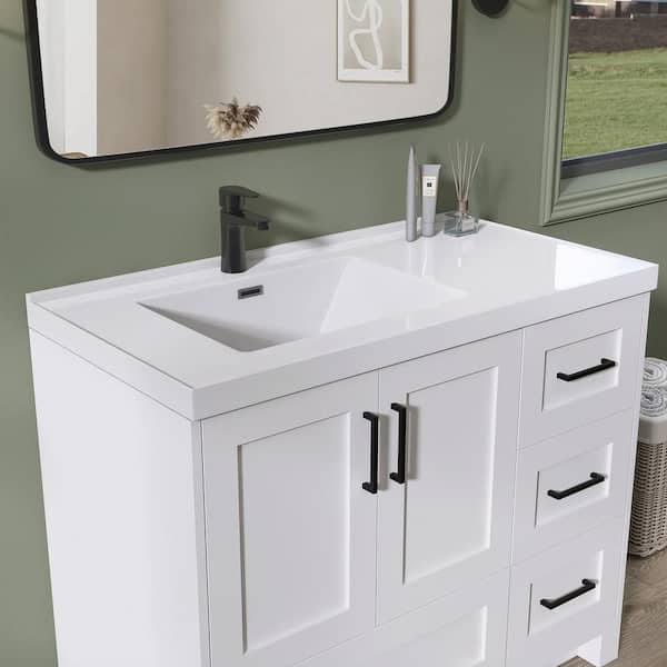 42 in. W x 21.5 in. D x 35.5 in. H Freestanding White Bath Vanity and Solid Surface Top Single Basin Bathroom Cabinet