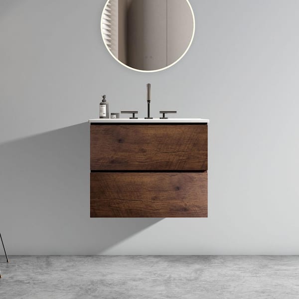 Unbranded 24 in. W x 18 in. D x 21 in. H Single Sink Wall-Mounted Bath Vanity in Walnut with White Ceramic Top