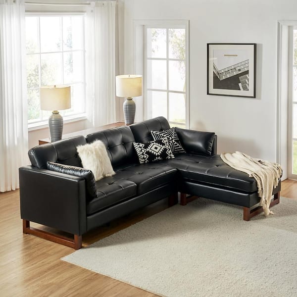 JAYDEN CREATION Dimitri 100.5 in. W Mid-century Genuine Leather Reversible Sectional Sofa in. Black With Solid Wood Legs