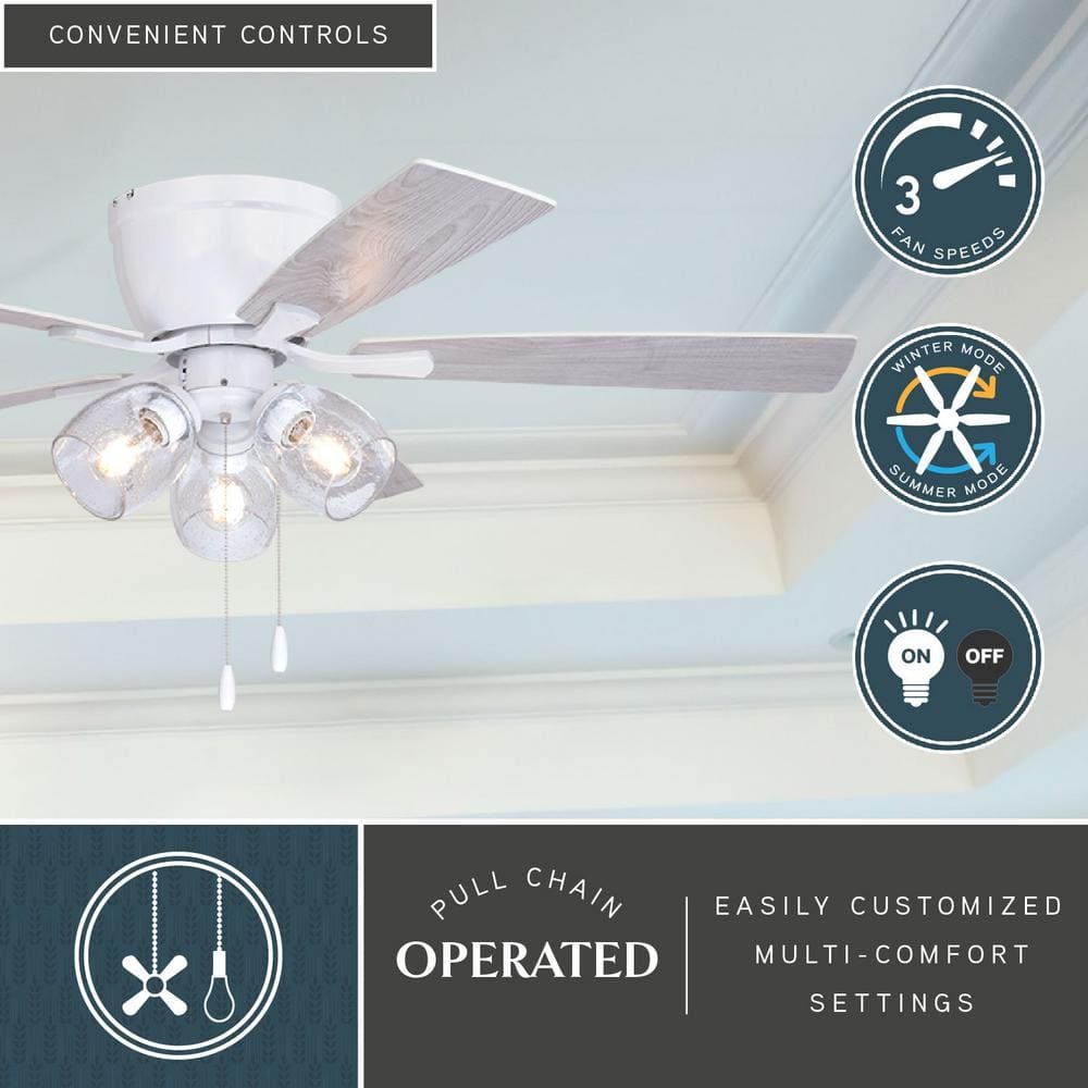 Brayton White 3-Light Flush Mount Ceiling Fan with Clear Glass Shades