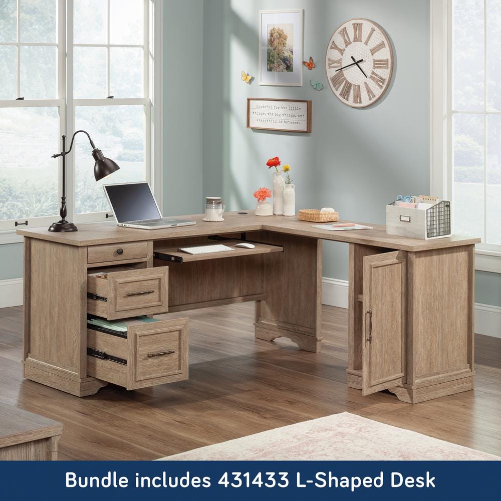 Brushed Oak L-Shaped Corner Desk with Hutch and Drawers