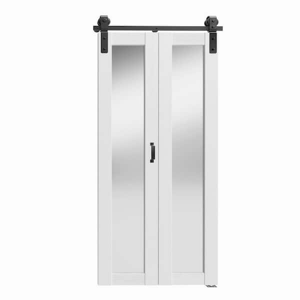 36 in. x 84 in. 1-Lite Mirrored Glass Bi-Fold White MDF Solid Core Sliding Barn Door with Hardware Kits Pre-Drilled
