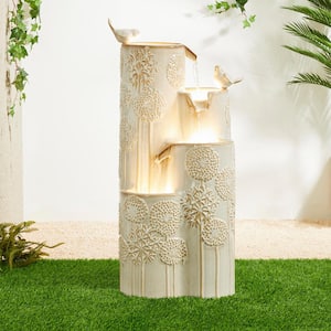 31.75 in. H 4-Tier Sand Beige Dandelion Texture Tiered Outdoor Floor Fountain with Birds, Pump, and LED Light (KD)