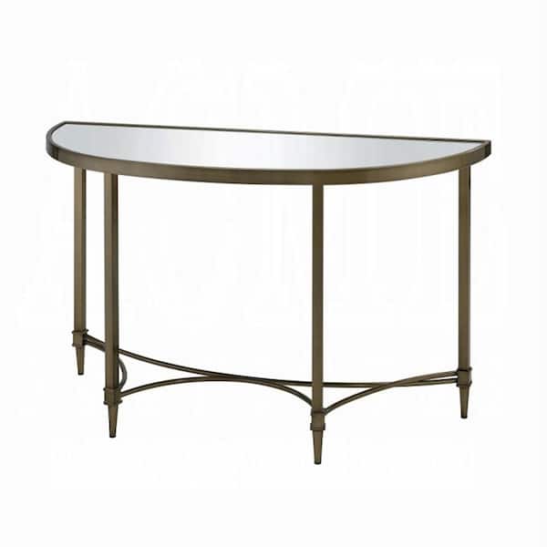 Acme Furniture Mary 18 in. Mirrored and Antique Brass Half-Moon Glass Console Table w/ Mirror