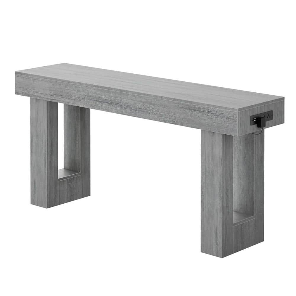 Farmhouse 63 in. White Oak Narrow Console Table with Sensor Light, Outlets and Open Storage