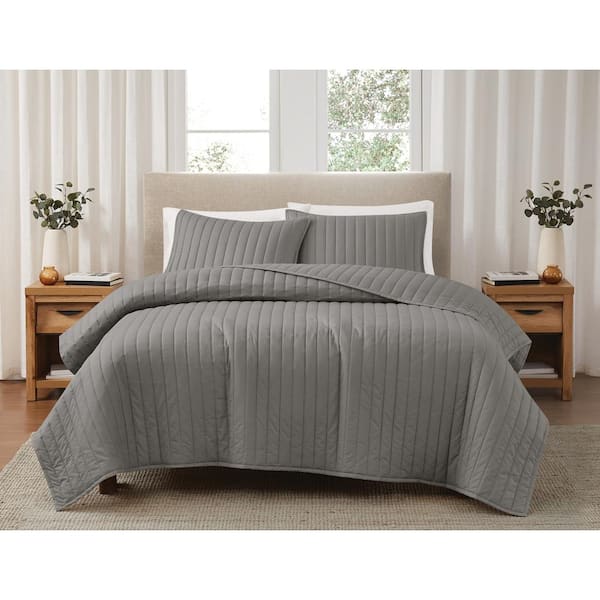 Brooklyn Loom 3-Piece Grey Solid Cotton Percale Full/Queen Quilt Set