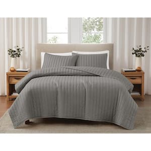 3-Piece Grey Solid Cotton Percale King Quilt Set