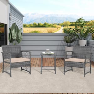 HIGHLAND 3-Piece Woven Gray Rattan Wicker Patio Conversation Set with Beige Cushions