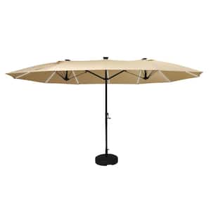 15 ft. Outdoor Rectangular Innovative Crank Market Patio Umbrella in Beige with 22 in. Base, Fiberglass Ribs, LED Lights