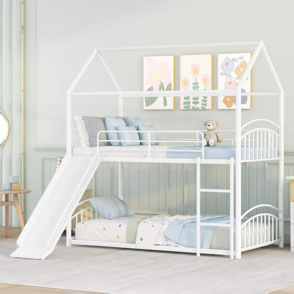 Harper & Bright Designs White Twin over Twin Metal Bunk Bed with Slide ...