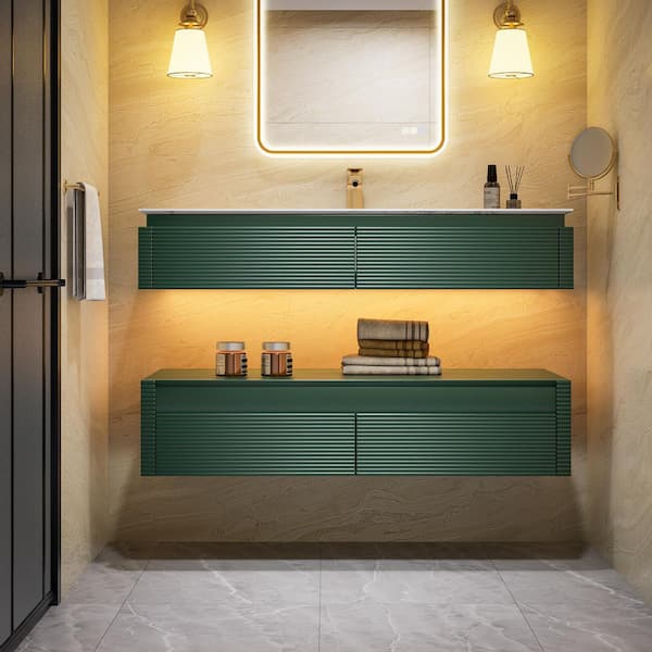 ExBrite MarbleLux 48 in. W x 20.8 in. D x 21.2 in. H Wall Mounted 2-Set Bath Vanity with 1 Sink in Green with White Marble Top