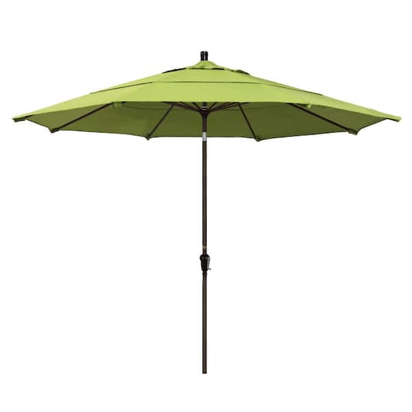 California Umbrella 11 ft. Bronze Aluminum Market Patio Umbrella with Auto-Tilt Crank Lift in Parrot Sunbrella