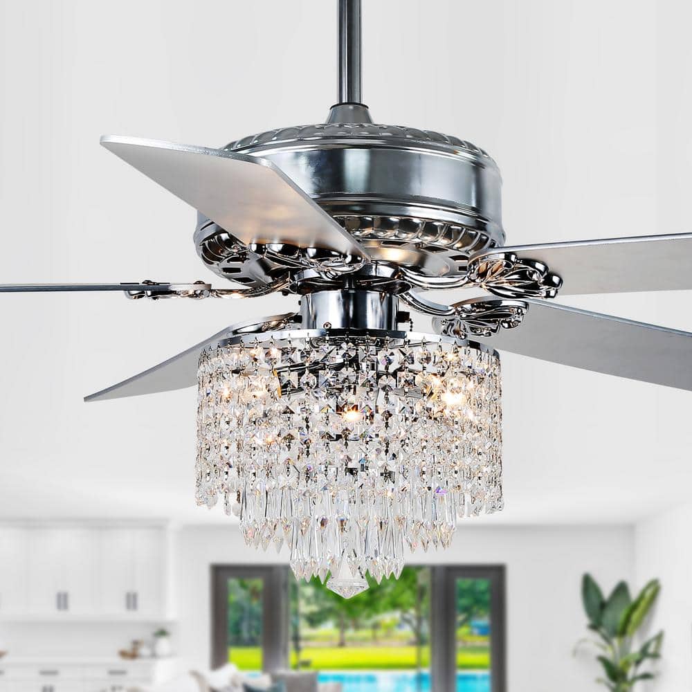 52" Silver Crystal Chandelier Ceiling Fan with Remote and Light Kit