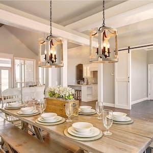 Drum Wood Chandelier, 4-Light White Lantern Island Pendant Light Rustic Chandelier Candlestick Farmhouse Chandelier