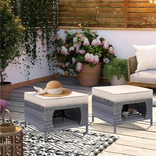 Gray Wicker Outdoor Patio Ottoman with Storage Space Beige Cushions (Set of 2)