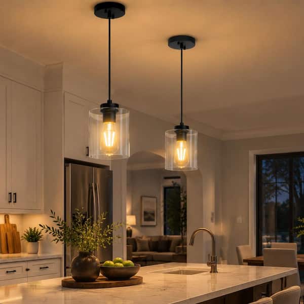 (2 Pack) 1-Light Modern Matte Black Pendant Lights w/ Clear Glass Shade Industrial Hanging Light for Kitchen Dining Room