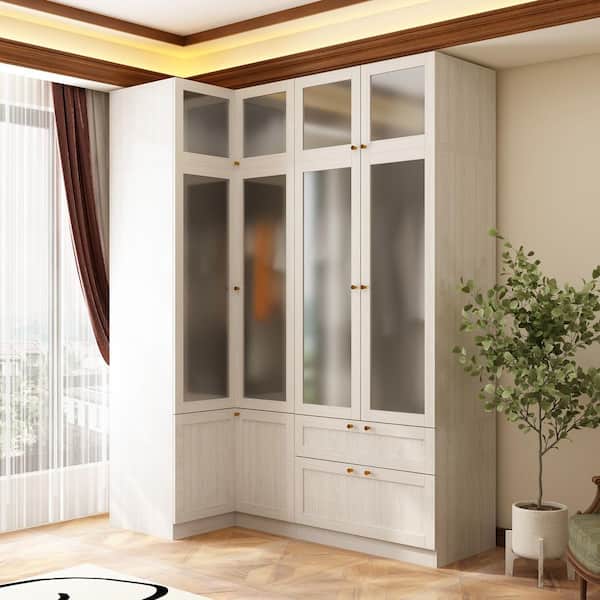 Light Oak Wood 67 in. Bedroom Armoire with Frosted Glass Doors and Hanging Rods