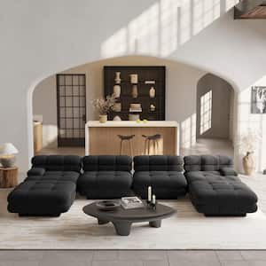 146.4 in. Square Arm Teddy Velvet 6-Piece Deep Seat Modular Sectional Sofa with Movable Ottoman in Black