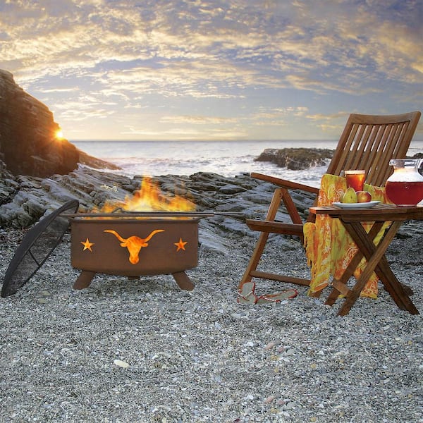 Texas Longhorn 29 in. x 18 in. Round Steel Wood Burning Fire Pit in Rust with Grill Poker Spark Screen and Cover