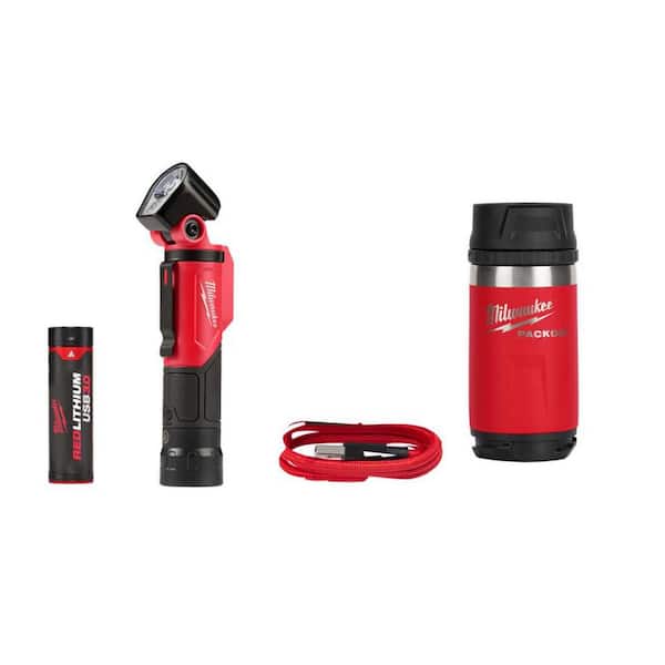 500 Lumens LED Pivoting REDLITHIUM USB Flashlight with PACKOUT Red 12 oz. Insulated Bottle with Sip Lid
