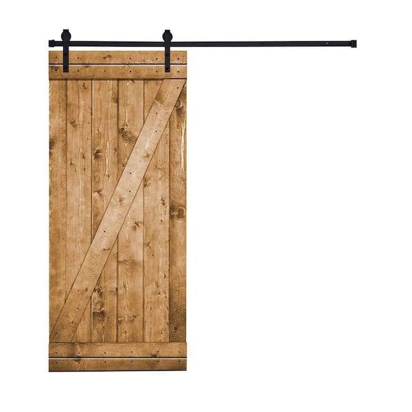 AIOPOP HOME Z-Bar Series 30 in. x 84 in. Smoke Light Brown Stained Knotty Pine Wood DIY Sliding Barn Door with Hardware Kit