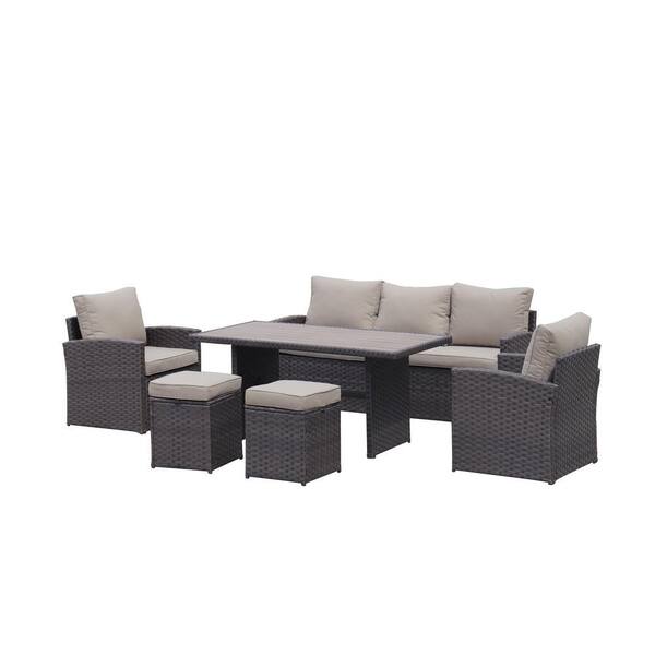 ENKI HOME Dark Brown 6-Piece Wicker Outdoor Patio Seating Set with Khaki Cushions