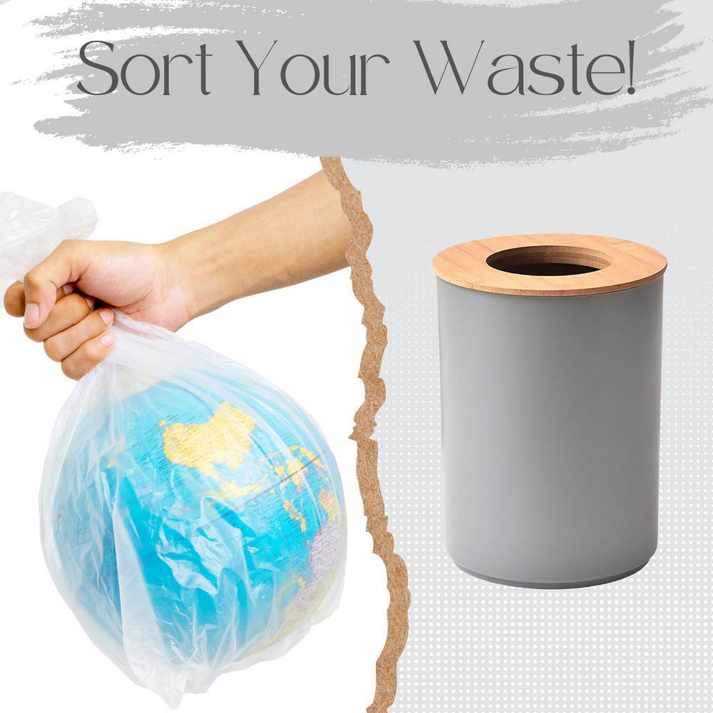 Gray Bamboo Top Bathroom Trash Can for Kids, 1.3 Gal