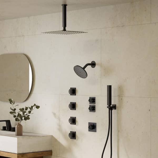 12 in. 5-Spray Multi-Functionn Dual Shower System Square High Pressure with Hand Shower in Matte Black (Valve Included)