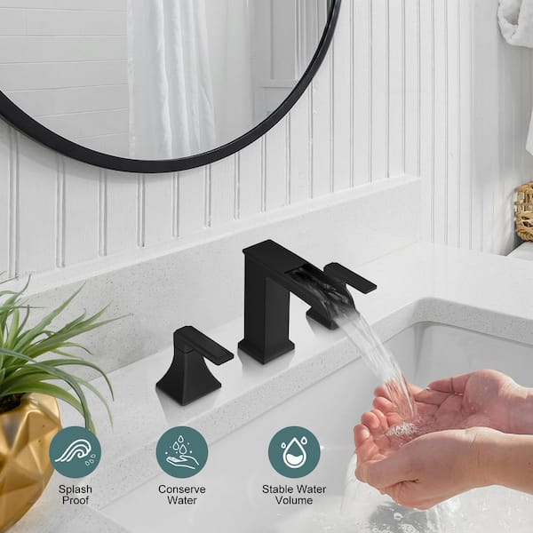 Waterfall 8 in. Widespread Double-Handle Black Bathroom Faucet Set 3-Holes Vanity Sink with Metal Drain in Matte Black