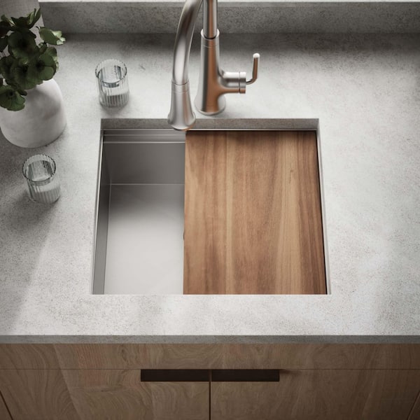 Lyric Drop-In Workstation Stainless Steel 22 in 1-Hole Single Bowl Kitchen Sink with Integrated Ledge and Accessories