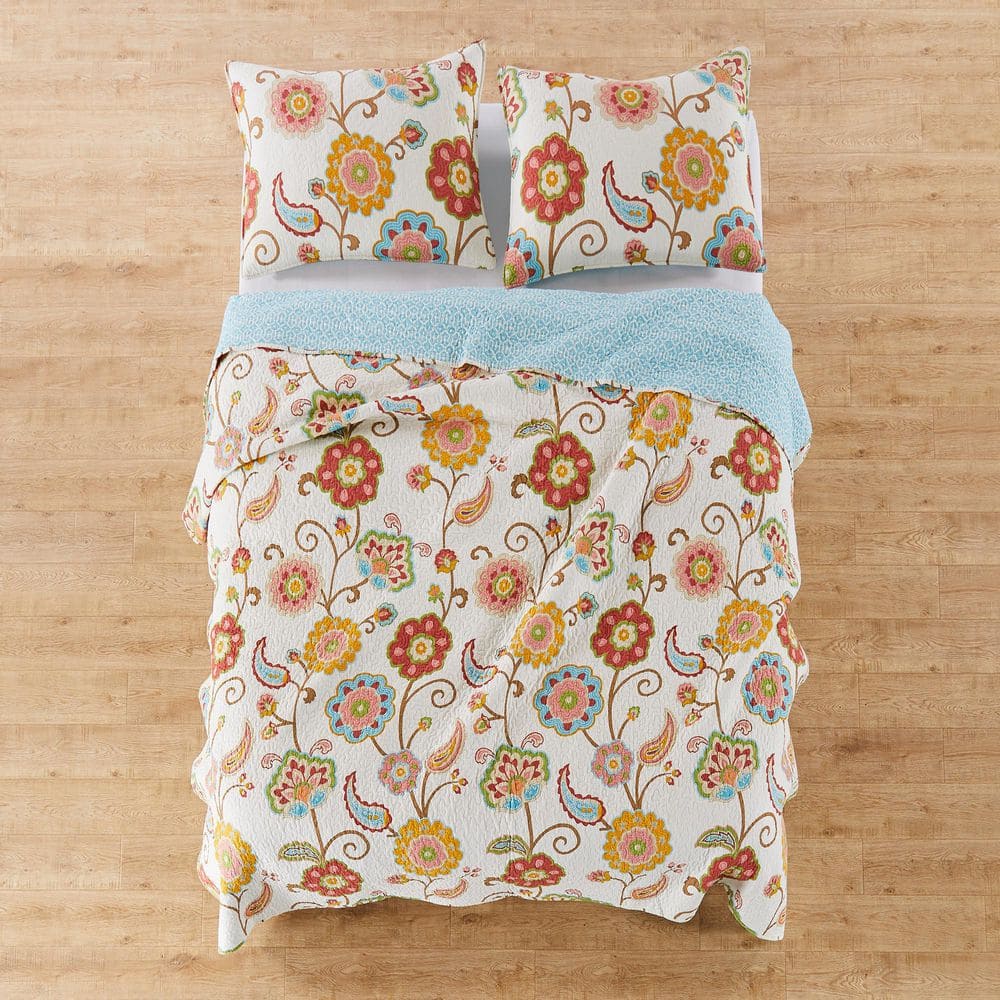 Ivory Floral Cotton Twin Quilt Set with Reversible Design