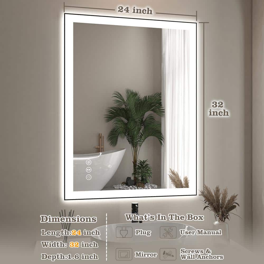 24x32 Inch Black Aluminum LED Vanity Mirror with Anti-Fog
