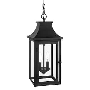 Flaxton 19.25 in. 2-Lights Black Hanging Outdoor Pendant Light with Clear Class And No Bulb Included