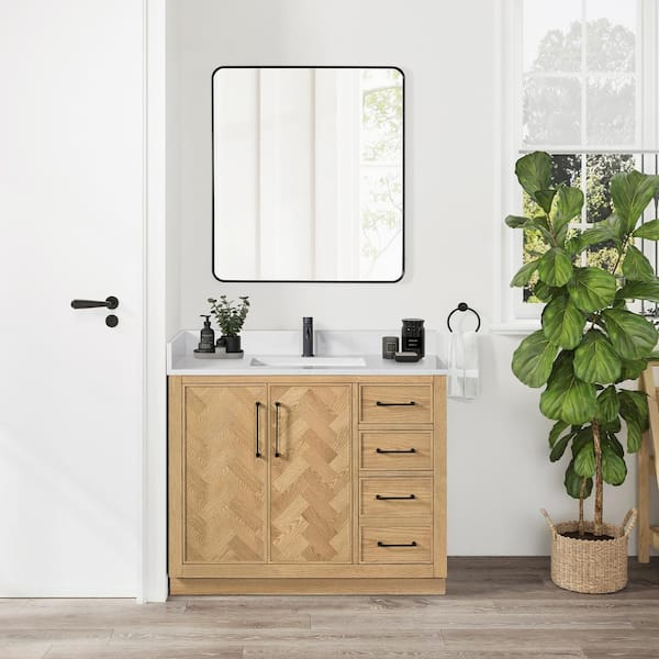 ROSWELL Jakarta 42 in. W. x 22 in. D x 33.9 in. H Single Bath Vanity in Oak Weathering Light Brown Silk White Quartz Stone Top