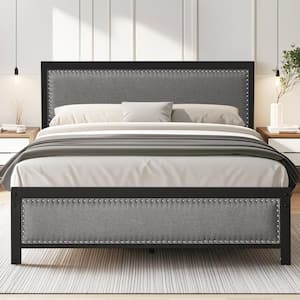 Metal Bed Frame Queen Gray with Linen Upholstered Headboard, Platform Bed with 12.6 in. Under Bed Storage and Nailhead
