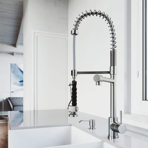 VIGO Zurich Single Handle Pull-Down Sprayer Kitchen Faucet Set with Soap Dispenser in Stainless Steel