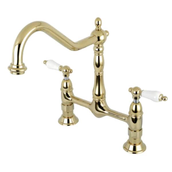 Kingston Brass Heritage 2-Handle Bridge Kitchen Faucet with Porcelain Handles in Polished Brass