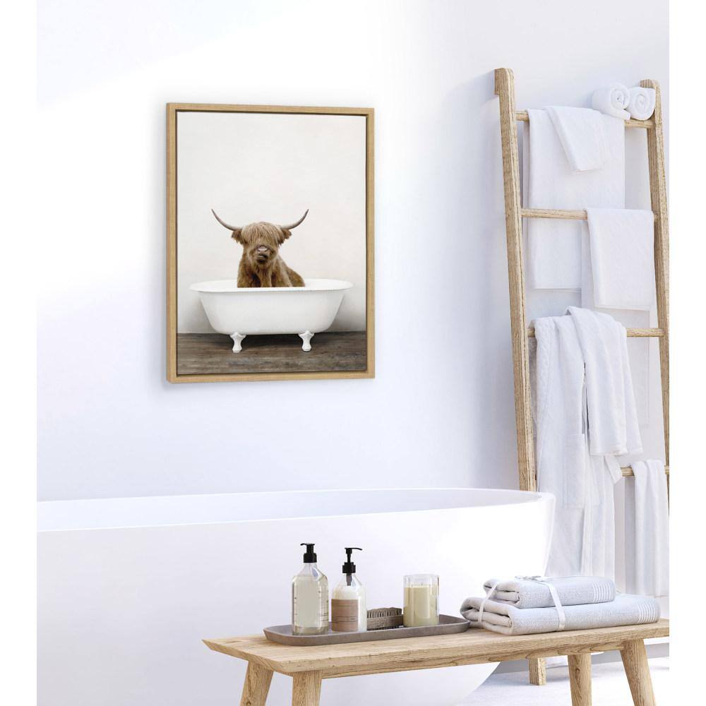Whimsical Highland Cow in Tub Canvas Art with Natural Frame