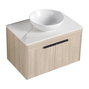 Victoria 30 in. W x 19 in. D x 24 in. H Floating Single Sink Bath Vanity with Stone in White and Cabinet in Wood Top
