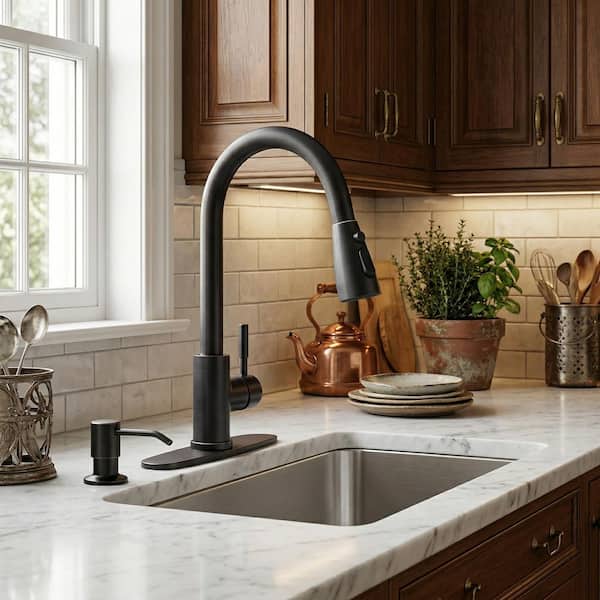 Single Handle Pull Down Sprayer Kitchen Faucet with 3-Mode Sprayer and Soap Dispenser in Oil Rubbed Bronze