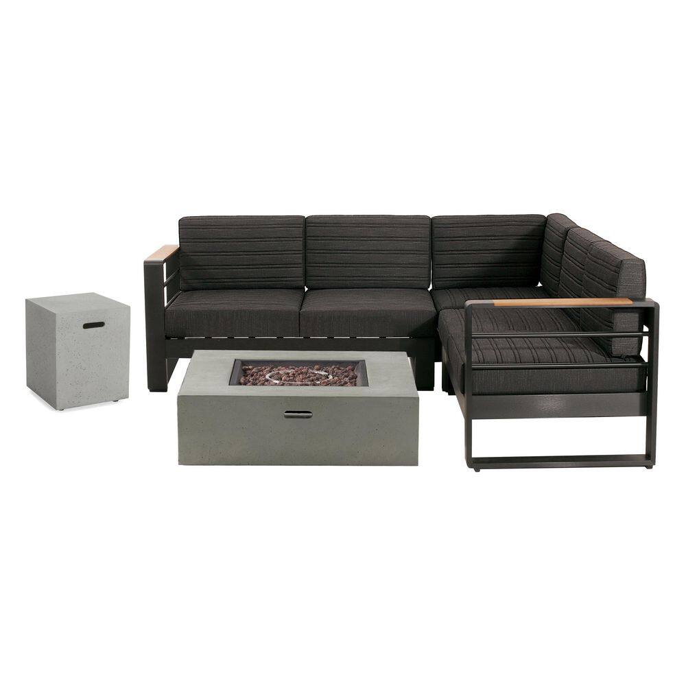Iskandar Outdoor Aluminum Patio Sectional Seating Set with Black Cushions, Firepit, and Tank Holder